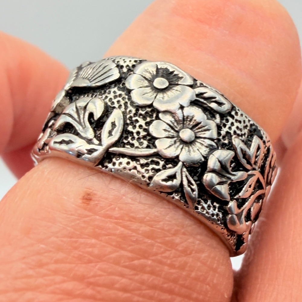 Sterling Silver 925 Floral Band Ring Size 8 Wide Boho Flower Vintage Style 8.6g